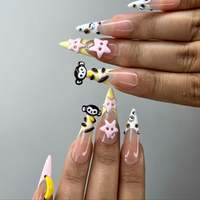 3D Monkey Banana Press On Nails | Cute Pink Star & Fruit Fake Nails | Kawaii Handmade Nail Art | Playful Cute Nails | Cartoon Nails |HB255YC