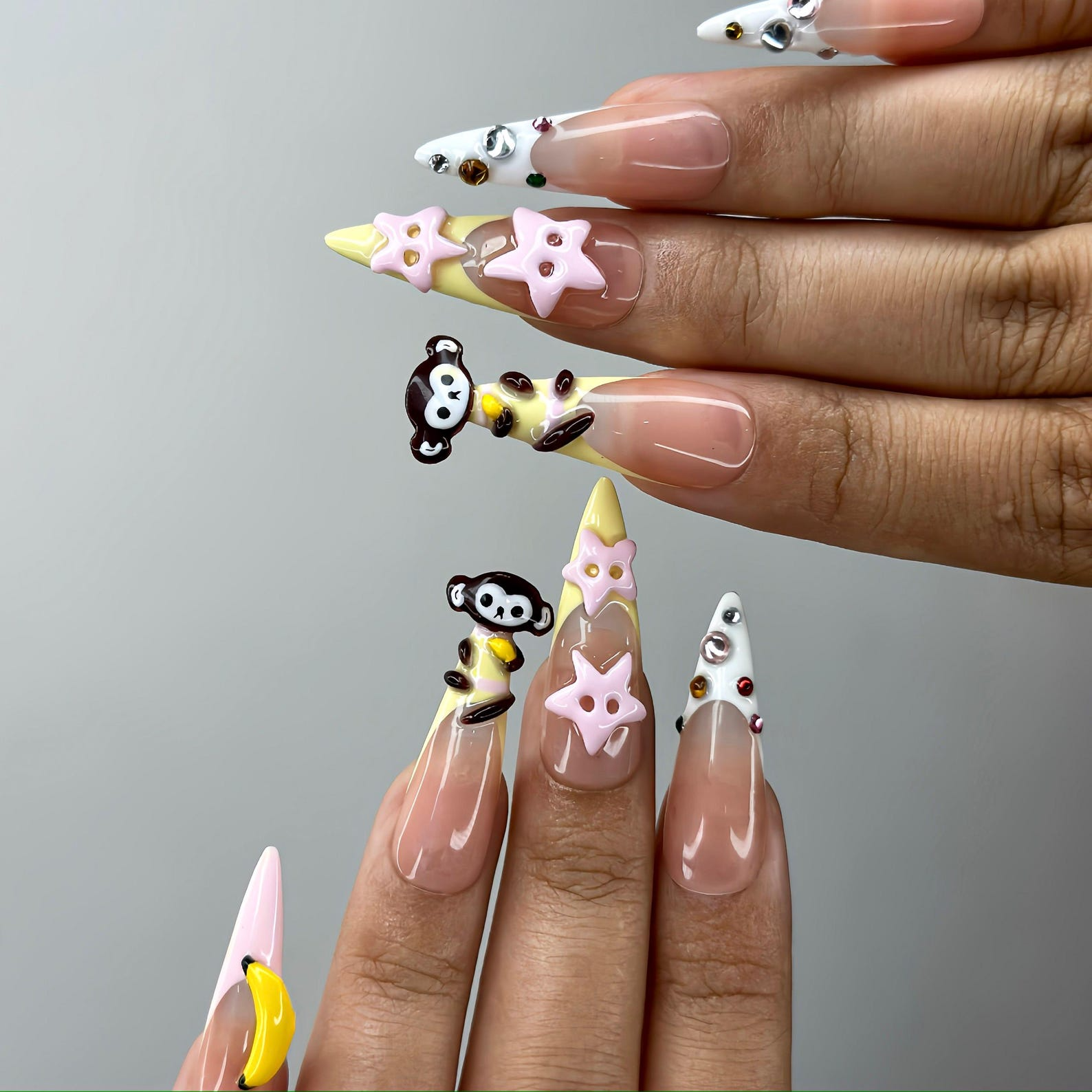 3D Monkey Banana Press On Nails | Cute Pink Star & Fruit Fake Nails | Kawaii Handmade Nail Art | Playful Cute Nails | Cartoon Nails |HB255YC