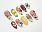 Garden Picnic Press On Nails | Fruit & Floral Summer Nail Art | 3D Ladybug And Lemon Nails | Handmade Berry Picnic Nail Tips | JC799HK