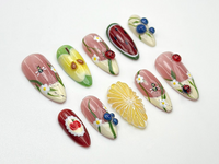 Garden Picnic Press On Nails | Fruit & Floral Summer Nail Art | 3D Ladybug And Lemon Nails | Handmade Berry Picnic Nail Tips | JC799HK