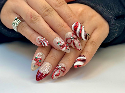Christmas Candy Cane Press On Nails by DoryNails | Red Chrome Bow & Snowflake Nail Art | Holiday Party Nails | Gift for Her | HB1188BC