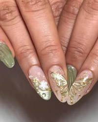 Jade Green Floral Press On Nails | Elegant Floral Nail Art | Zen Nature Press Ons | Nude Floral Butterfly Nails | Handmade 3D Nail | JB781HC