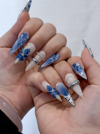 Blue Marble Blossom Press On Nails for Spring Blue | Handmade Nude & Sapphire Nails with Floral Art | Elegant Stiletto Nail Design |JB2890EC