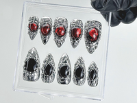 Gothic Vampire Jewel Press On Nails | Red Black Gem Nails with Metal Frame Fake Nails | Black Bloodstone Nail Art | Silver Metal | HB895YC