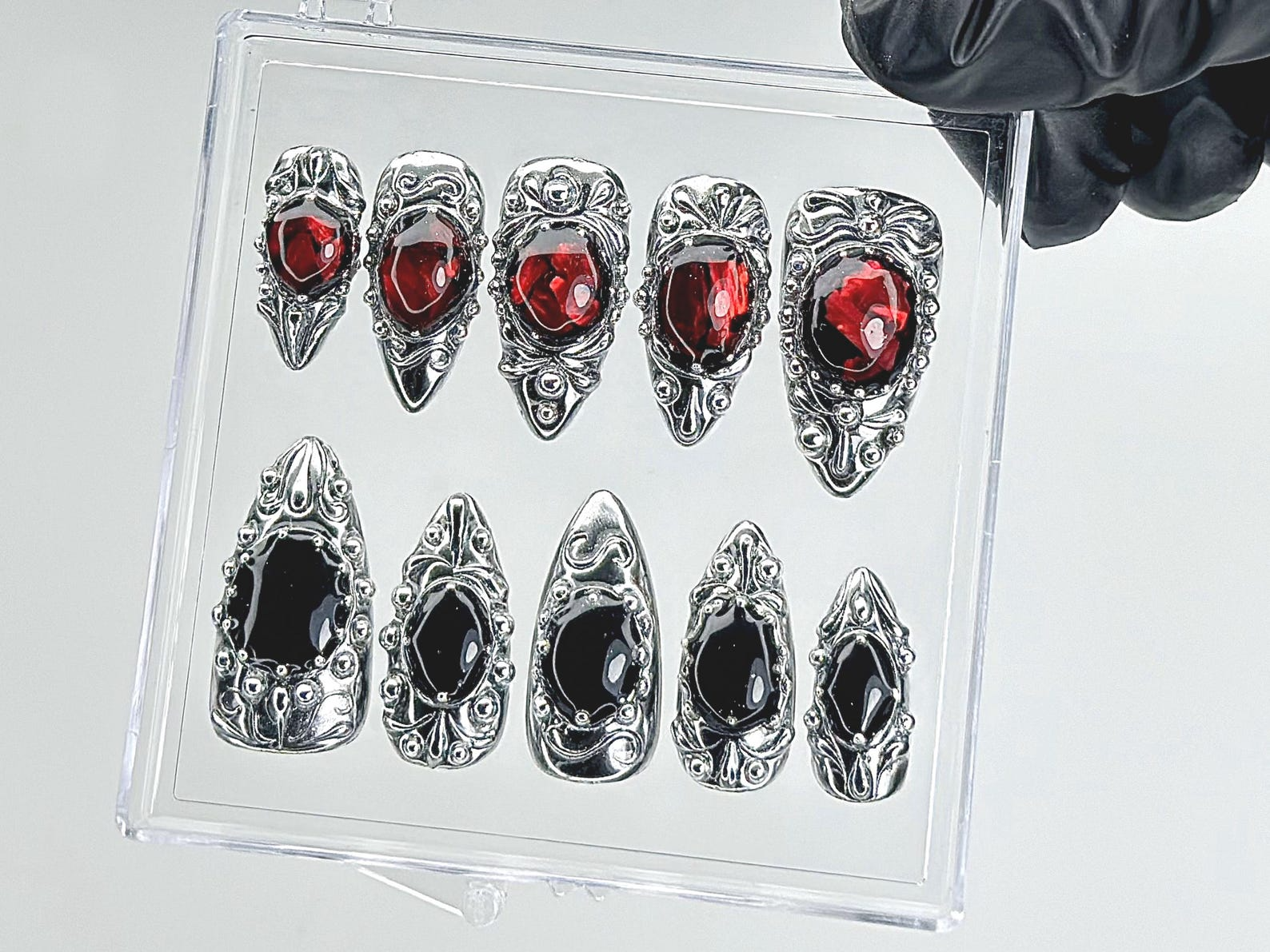 Gothic Vampire Jewel Press On Nails | Red Black Gem Nails with Metal Frame Fake Nails | Black Bloodstone Nail Art | Silver Metal | HB895YC