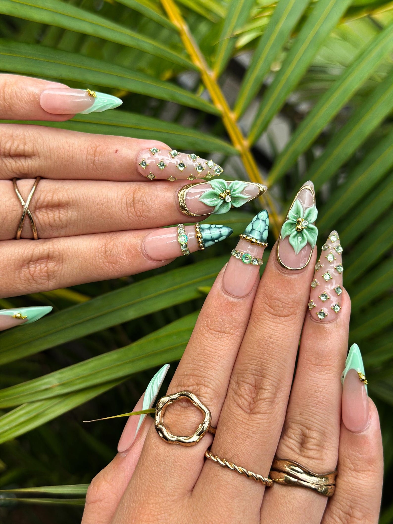 Jade Green Press On Nails with 3D Flower and Gold Detail | Elegant Floral Nails in Almond Shape | Luxury Nails | JC342NC