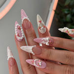 Coquette Pink Ribbon Press On Nails | 3D Blush Vintage Nail Set | Long French Ribbon Nails | Romantic Pink Press On Nails |JB760HC