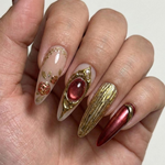 Press On Nails Adhesive Tabs ?M?Nude Burgundy Gold Heart & Rose Chrome Long Stiletto Handmade Fake Nails for Luxury Romantic Look