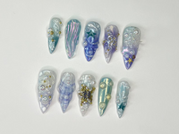 3D Tropical Beach Long Stiletto Nails | Ocean-Themed with Seaweed, Seashells, and Starfish | Handmade Press On Nails | JB328SL