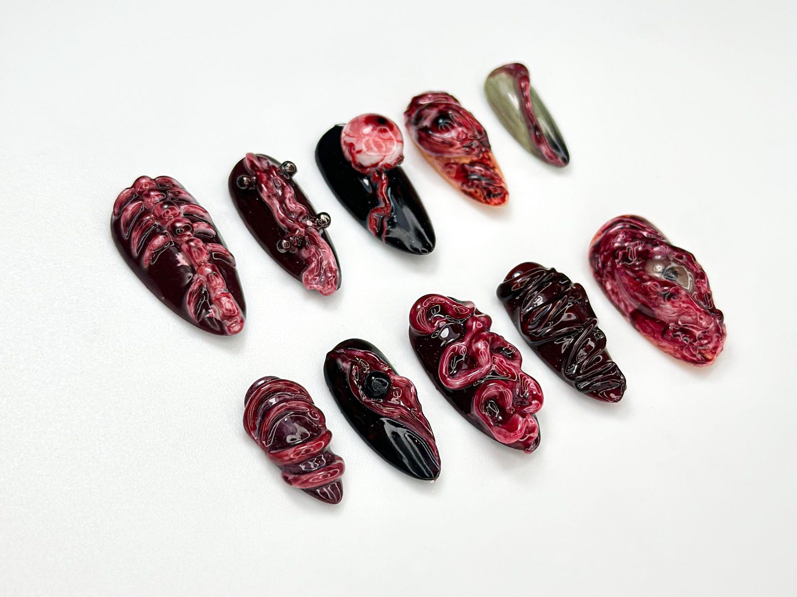 Horror Halloween Press On Nails | 3D Bloody Body Art Nails | Halloween Skeleton & Flesh Nail Set | Grunge Monster Horror Nails | JB979HC