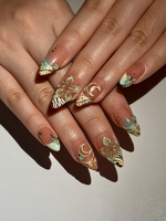 Gold Leopard Press On Nails for Luxury Party | Moon Star Luxury Nails | Nude Fantasy Nail Art | Glam Night Press Ons | JC298HK