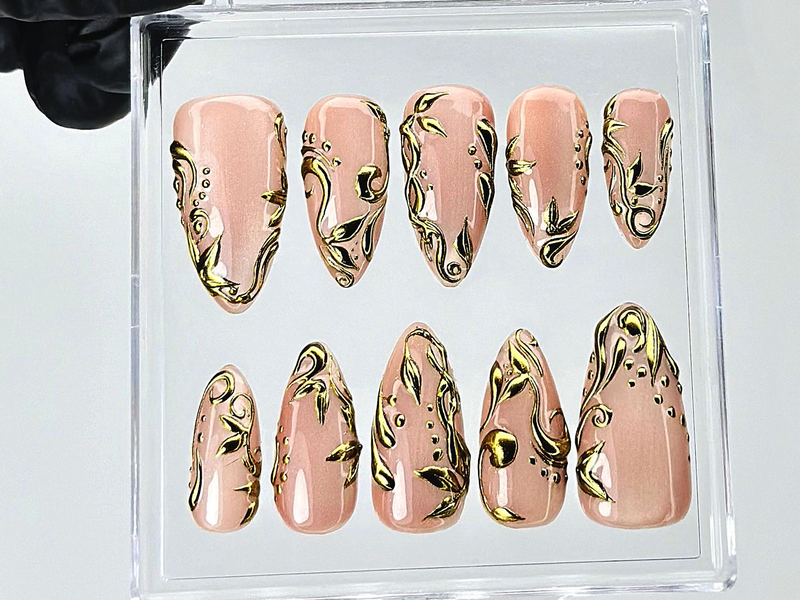 Nude Gold Leaf Press On Nails | Elegant Baroque Swirl Fake Nails | Metallic Accent Luxury Nail Art | Gold Foil Nude Press Ons | HB898YC