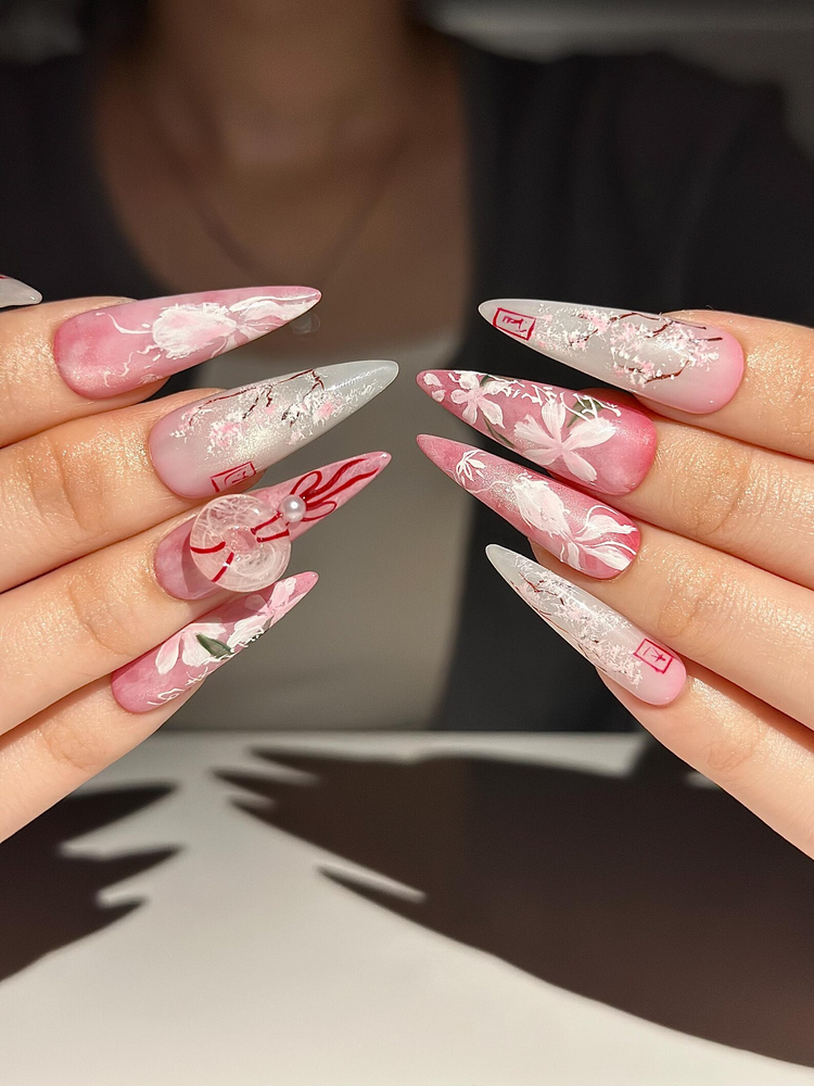 Pink Blossom Press On Nails | Pink Jelly Floral Nails | Asian Flower Nails | Romantic Spring Nails | Handmade Stiletto Press Ons | JB312HC