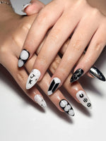 JungKook Inspired Black & White Nails | Kpop JK Solo Era Press Ons | Y2K Star and Bow Nails | Musical Note Gothic Press Ons | JC364IK