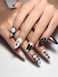 JungKook Inspired Black & White Nails | Kpop JK Solo Era Press Ons | Y2K Star and Bow Nails | Musical Note Gothic Press Ons | JC364IK