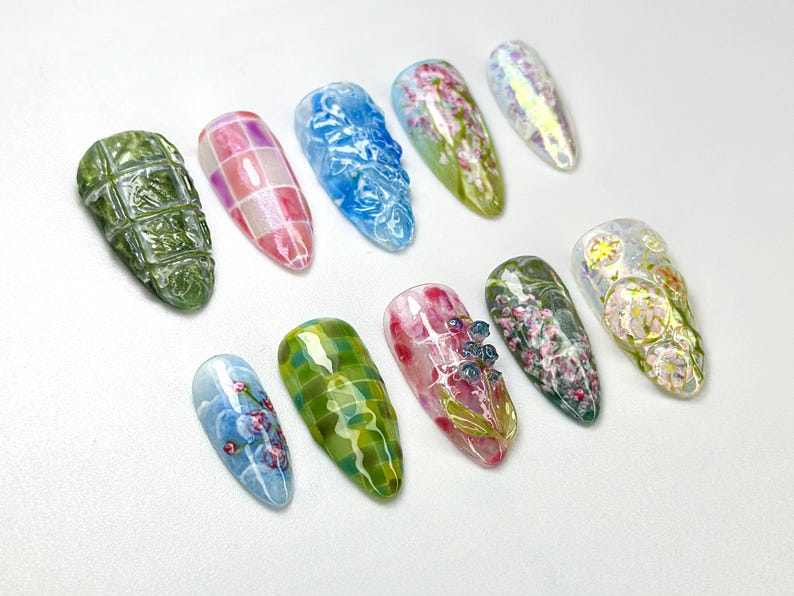 Spring Garden Press On Nails | Nature-Inspired Green Floral Nail Set | Elegant Handcrafted Art | SP45