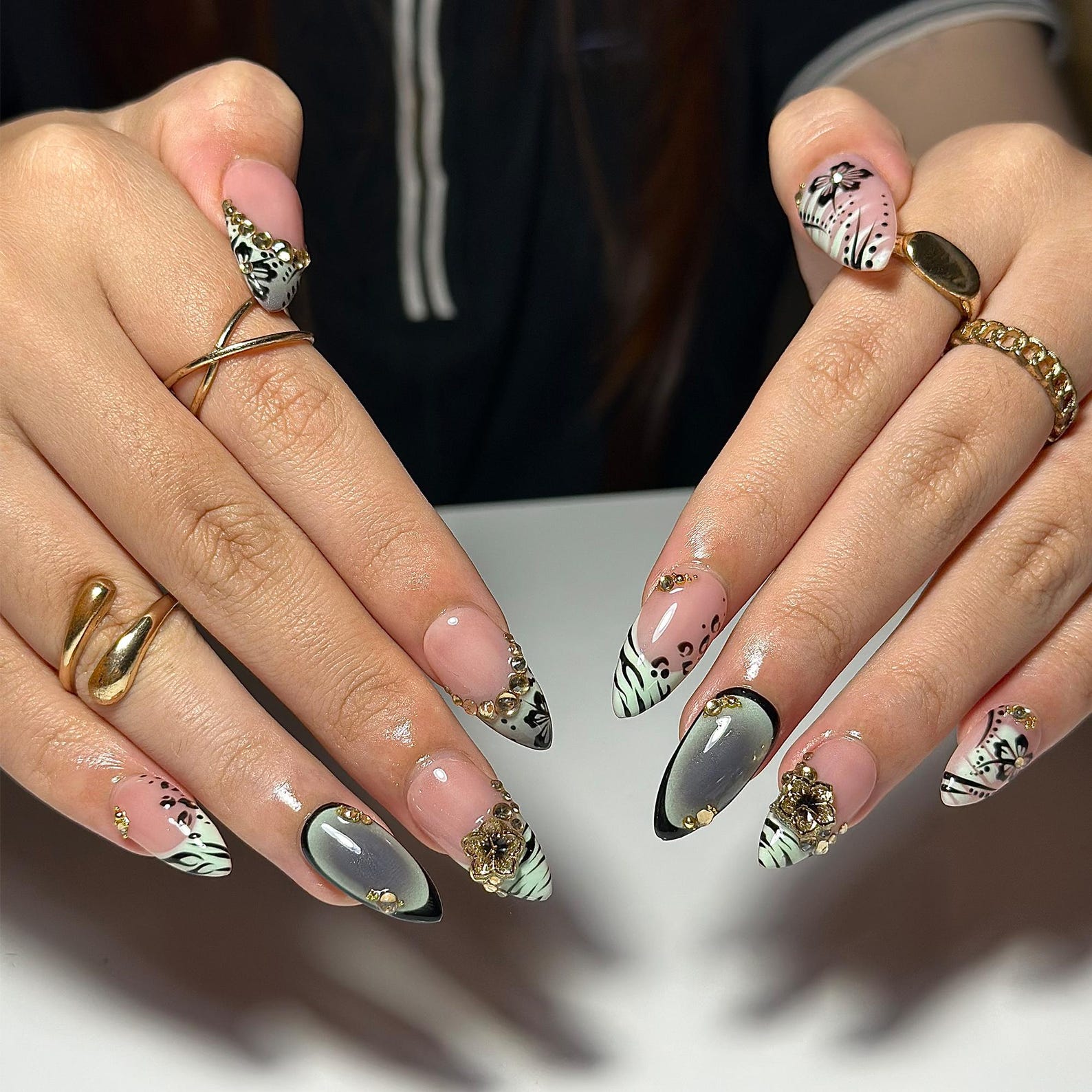 Nude Pink Press On Nails with Black Floral and Gold Charm | 3D Elegant Nails in Almond Shape | Handmade Nails for Party, Wedding | HC1310NC