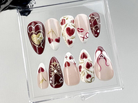 Valentine?M¨´¨¹ Day Almond Nails |Love and Heart Motif Nail Art |Valentine XO Fake Nails |Gold and Red Luxury False Nails |Kawaii Nails |HC727YC