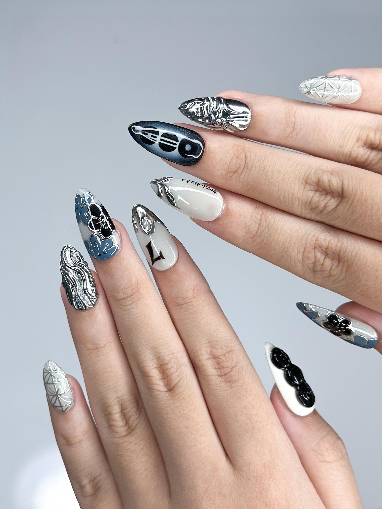 Kpop Inspired Indigo Voyage Nails | 7 Spirit Arirang Silver Shark Nails | Ocean Muse 3D Chrome Nails | Handmade Nails | JC357IC