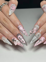 3D Pink Gothic Cyber Nails | Silver Chrome Cross Press Ons | Ethereal Grunge Liquid Metal Nails | Y2K Punk Butterfly Press Ons | JB362IC