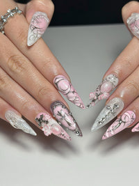 3D Pink Gothic Cyber Nails | Silver Chrome Cross Press Ons | Ethereal Grunge Liquid Metal Nails | Y2K Punk Butterfly Press Ons | JB362IC