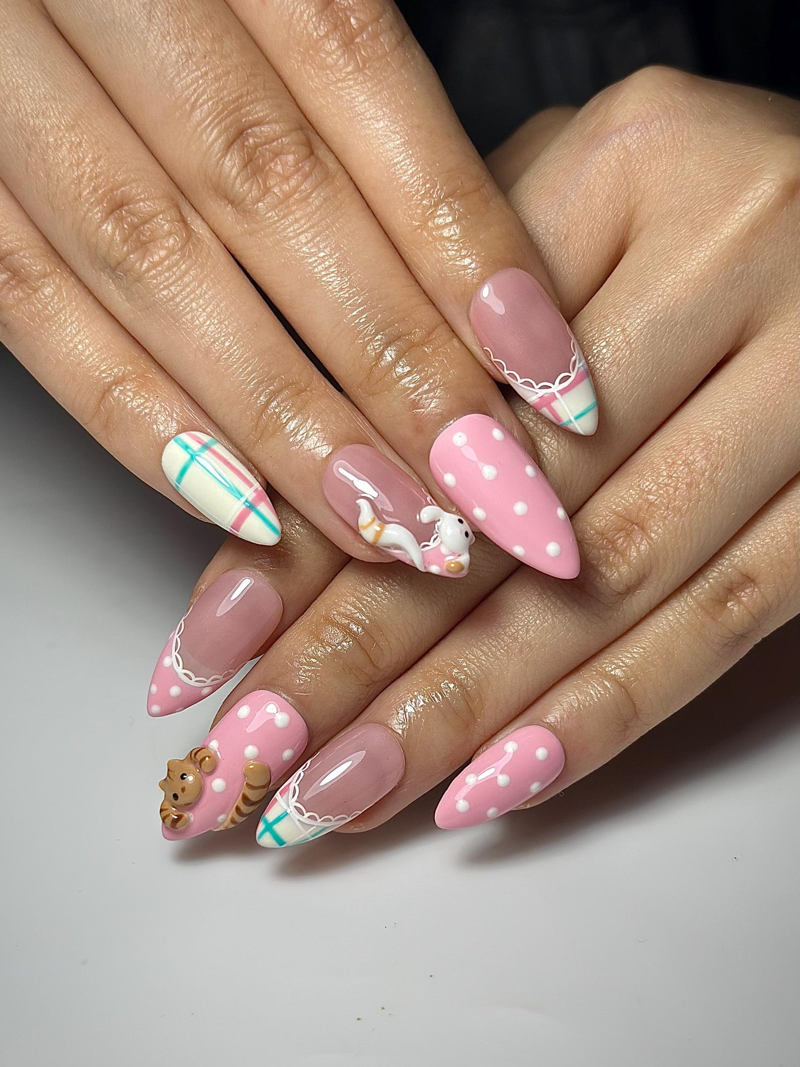 Cute Cat Pink Press On Nails | 3D Kitty Nail Art | Kawaii Pastel Plaid Nails | Handmade Character Nails | Soft Girl Cat Press Ons | JB323HC