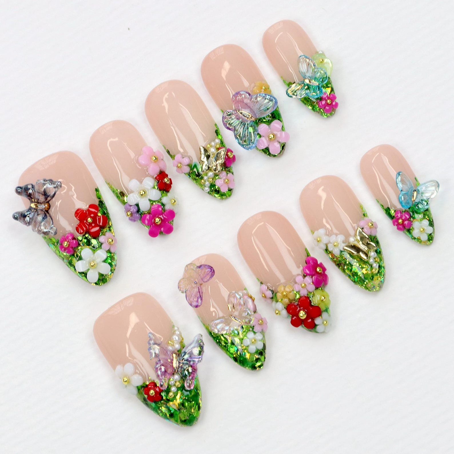 Green Glitter Press On Nails | Handcrafted Freestyle Forest-Inspired Secret Garden Nails | Custom 3D Butterfly Floral Fake Nails Art | Y2K Gifts