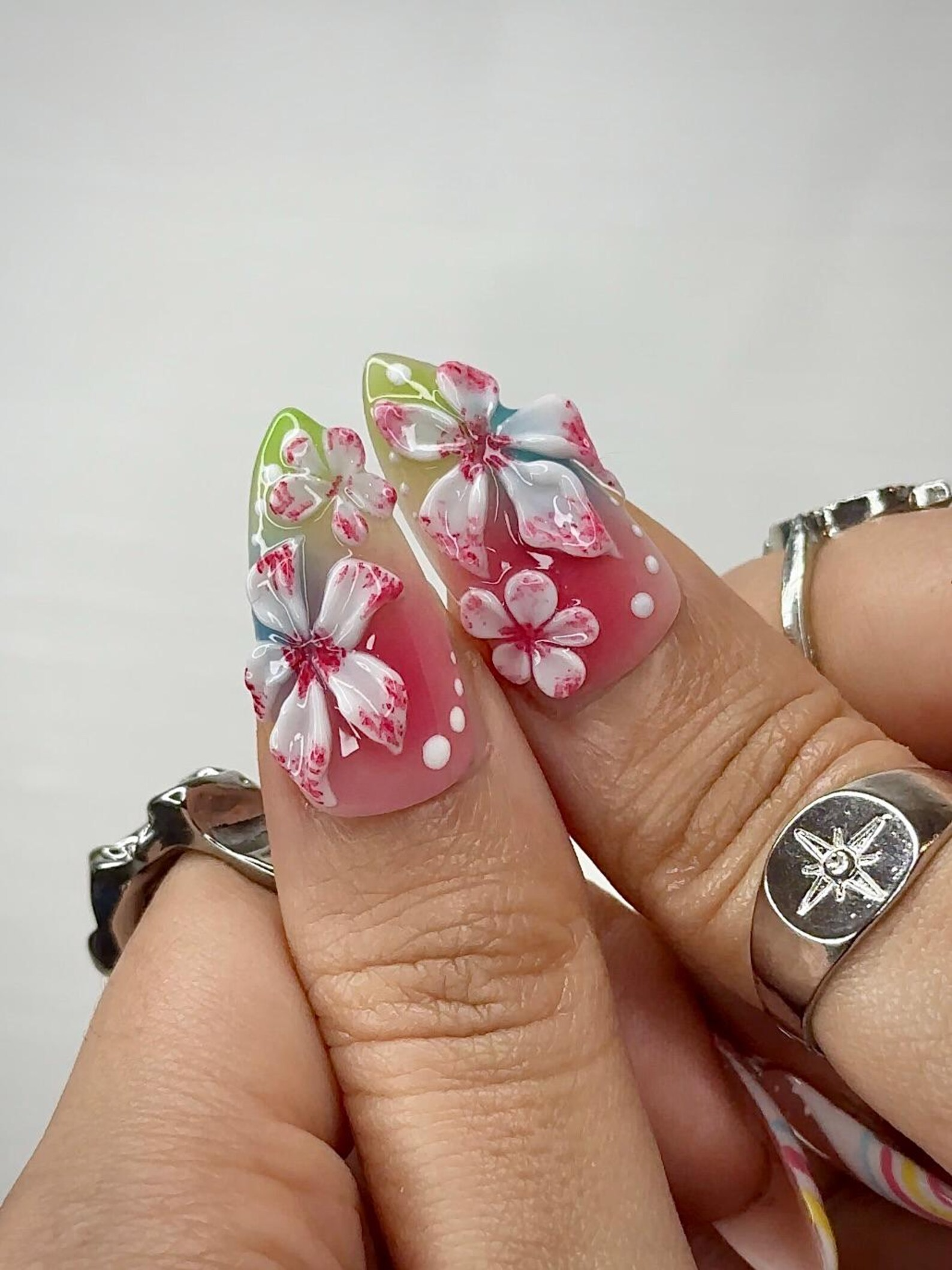 Midnight Sun Press On Nails for Y2K Lovers | Sunset Ombre Rainbow Nails with 3D Floral Art | 90s Nail Design | Artistic Press Ons | JB290HC