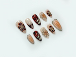 Autumn Tortoiseshell Blossom Press On Nails | Brown Nude Gradient Nail Art | 3D Floral & Metallic Accents | Elegant Long Nail Set | JB178EC