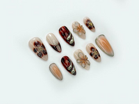 Autumn Tortoiseshell Blossom Press On Nails | Brown Nude Gradient Nail Art | 3D Floral & Metallic Accents | Elegant Long Nail Set | JB178EC