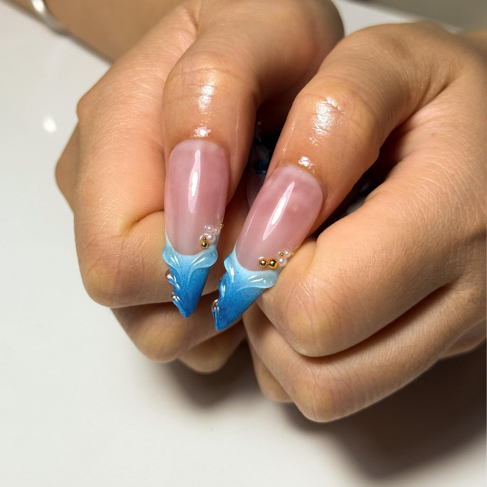 Blue Ocean Press On Nails with 3D Flower and Gold Detail | Marble Coastal Nails in Almond Shape | Summer Vacation Nails for Beach | HC1309NC