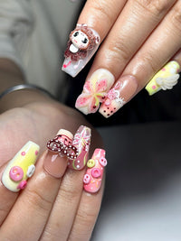 Kawaii Pastel Cartoon Press On Nails | Cute 3D Character & Flower Nails | Pink Yellow Sweet Nail Art | Artistic Press Ons | JB335IK