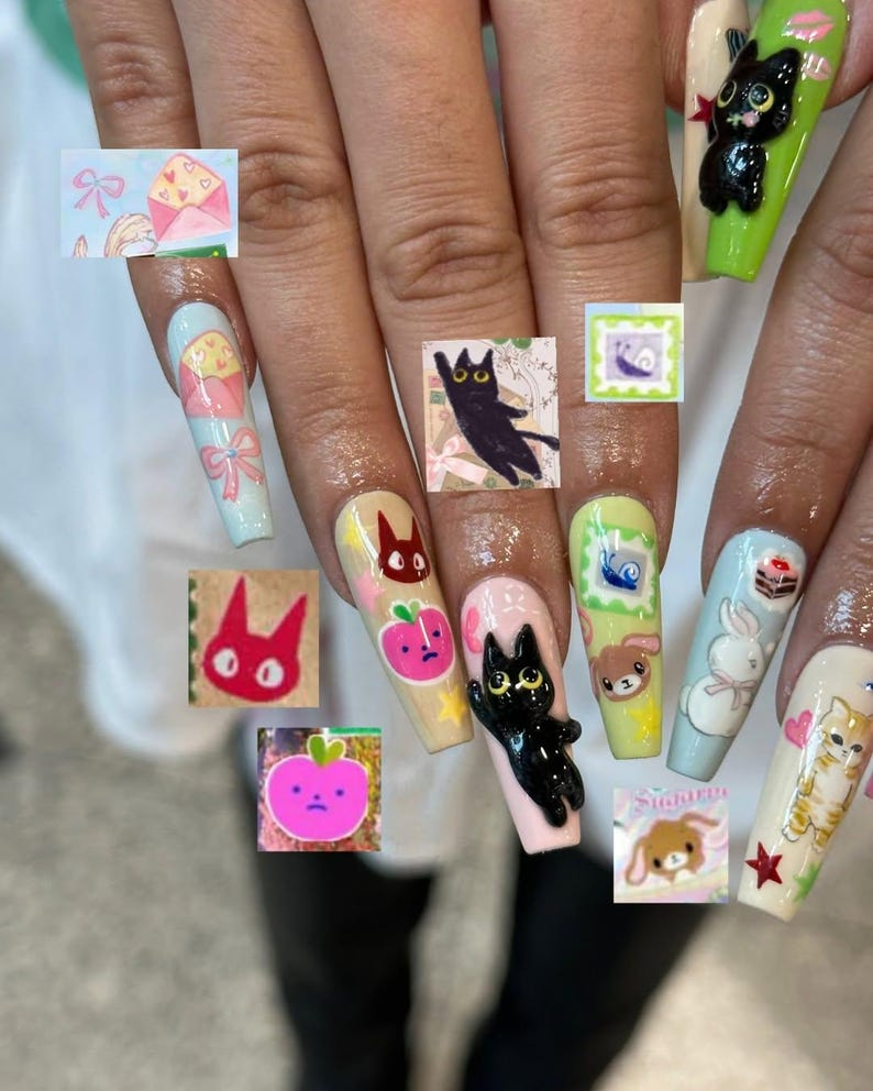 3D Kawaii Cat Press On Nails | Pastel Cartoon Fake nails | Cartoon Cat Bunny Nail Art | 3D Cute Animal Kawaii Nails | Pastel Nails | HB939YC