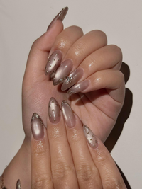 Luxury Cat Eye Press On Nails, Luxury Gold Foil Trim Fake Nails, Elegant Nude Shimmer Nails for Wedding and Formal Events, HC1293HC