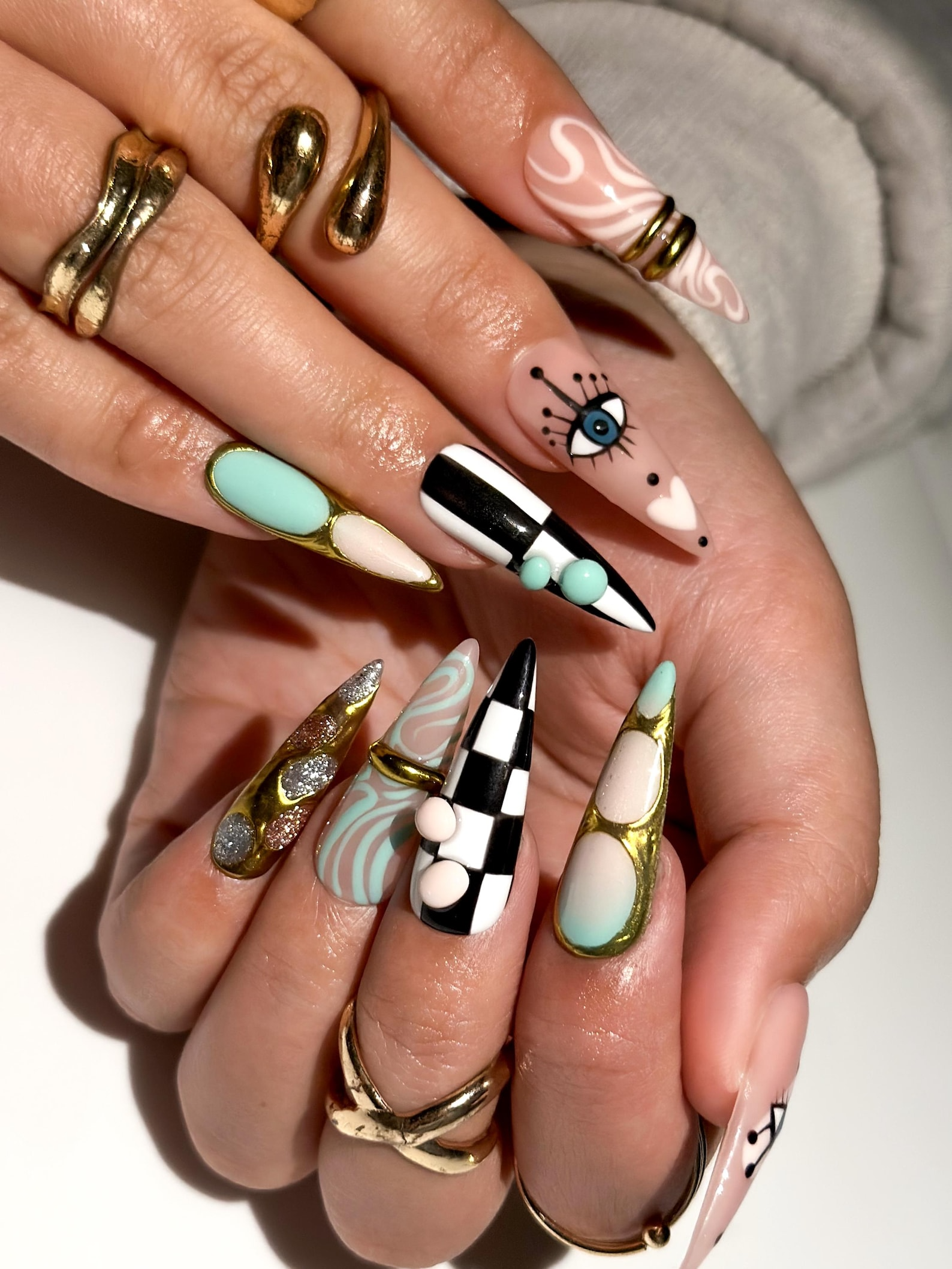 Gilded Luxury Colorful Press On Nails | Eye Art Gold Ring Nails | Handmade Nude Stiletto Nail Art | Luxury Statement Press Ons | JB302EC