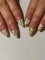 Soft Lily Floral Press On Nails for Spring | Pink Green Flower Nails | Lilies Nail Art | Botanical Press Ons | Romantic Spring Nail| JB294HC