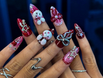 Gothic Bunny Dream Press On Nails | Red And Pink Festive Nail Art | 3D Bunny & Bow Charms | Starry Holiday Glam Nails | HB1177BC