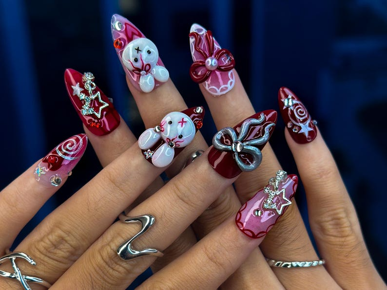 Gothic Bunny Dream Press On Nails | Red And Pink Festive Nail Art | 3D Bunny & Bow Charms | Starry Holiday Glam Nails | HB1177BC