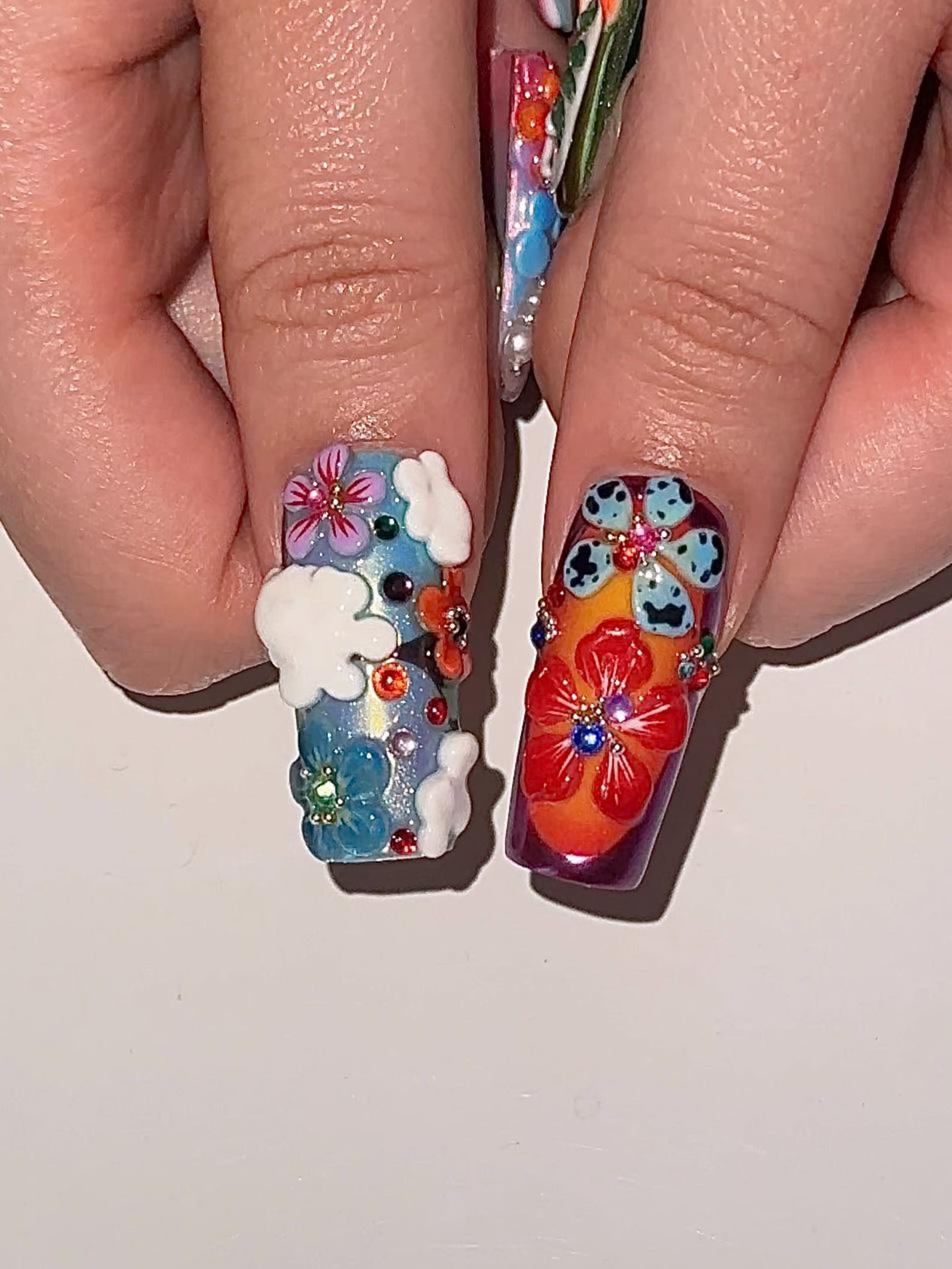 Midnight Sun Press On Nails for Festival | Colorful 3D Flower Nails | Festival Nail | Tropical Summer Luxury Nails | Artistic Nails| JA300HC