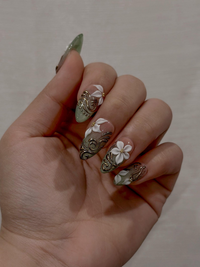3D White Blossom Gold Press On Nails | Nude Green Luxury Stiletto Nails | Handmade Elegant Nail Art | Classic Luxury Press Ons | JB301EC