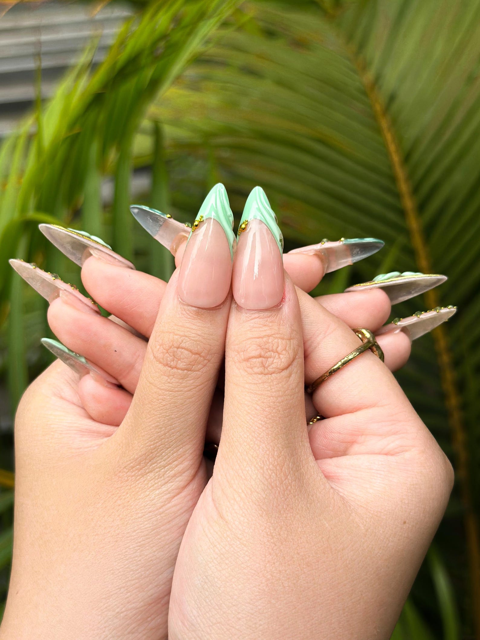 Jade Green Press On Nails with 3D Flower and Gold Detail | Elegant Floral Nails in Almond Shape | Luxury Nails | JC342NC
