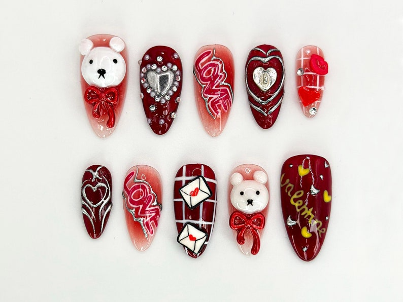 Valentine?M¨´¨¹ Day Bear Press On Nails | Red Hearts & Cute Bear Nail Art | Handmade Valentine Nails | Perfect Valentine Gift Idea | JB625HK