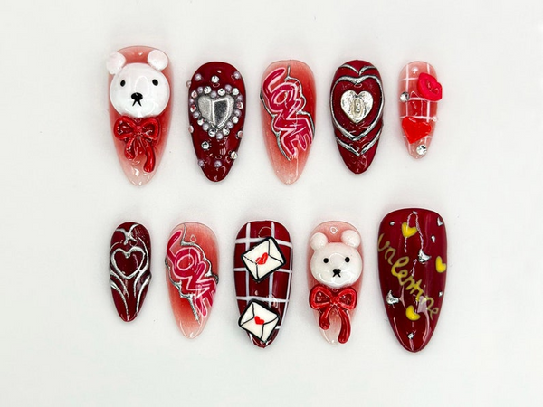 Valentine?M¨´¨¹ Day Bear Press On Nails | Red Hearts & Cute Bear Nail Art | Handmade Valentine Nails | Perfect Valentine Gift Idea | JB625HK