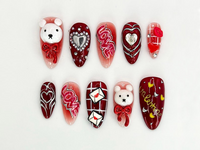 Valentine?M¨´¨¹ Day Bear Press On Nails | Red Hearts & Cute Bear Nail Art | Handmade Valentine Nails | Perfect Valentine Gift Idea | JB625HK