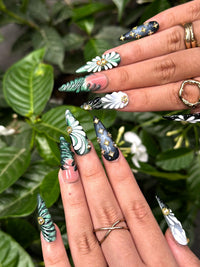 Green Black Press On Nails with 3D Floral and Gold Detail | Elegant Botanical Nails in Almond Shape | Luxury Nails | JB356NC