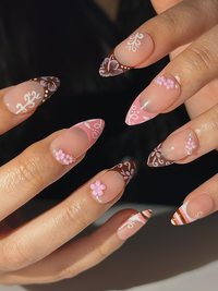 Pink Brown Floral Press On Nails | Cute Pink Nail Art | Sweet Dessert Inspired Nails | 3D Flower Nail Set | Handmade Press Ons | HC1298HK