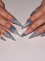 Icy Blue Ocean Press On Nails | Blue Stiletto Nails for Women | Clear French Tip Crystal Nails | Bridal Luxury Nails| Elegant Nails|HC1277HC