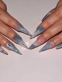 Icy Blue Ocean Press On Nails | Blue Stiletto Nails for Women | Clear French Tip Crystal Nails | Bridal Luxury Nails| Elegant Nails|HC1277HC
