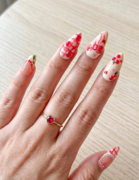 Press On Nails Adhesive Tabs ?M?Cherry Heart & Pink Ribbon Nude Press On Nails, Handmade Valentine Fake Nails Sweet Romantic Nail Art
