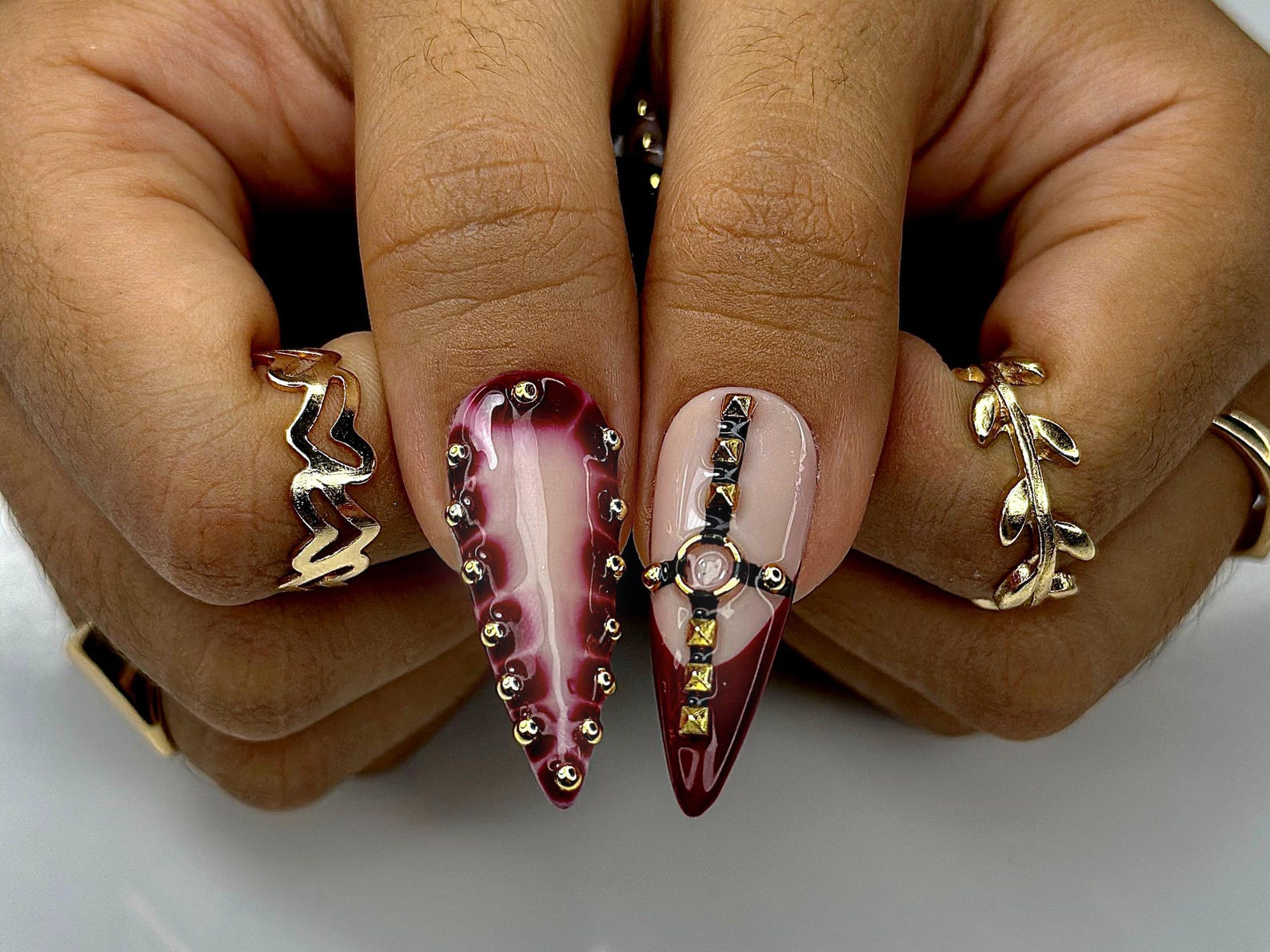 Gothic Punk Press On Nails | Red Marble & Studded Spiked Nail Art | Handmade Long Stiletto Nails | HC993EP